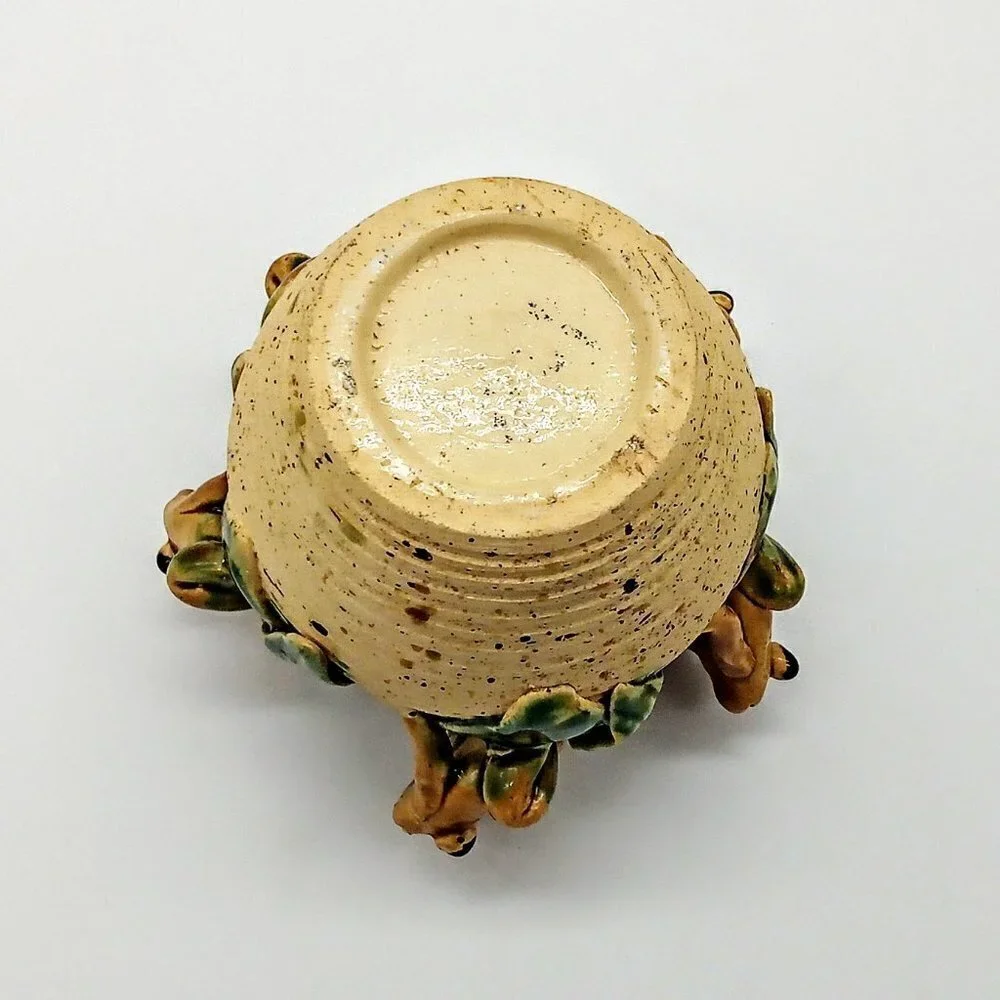 Five Frogs Green Tan Ceramic Sawtooth Rim Vase